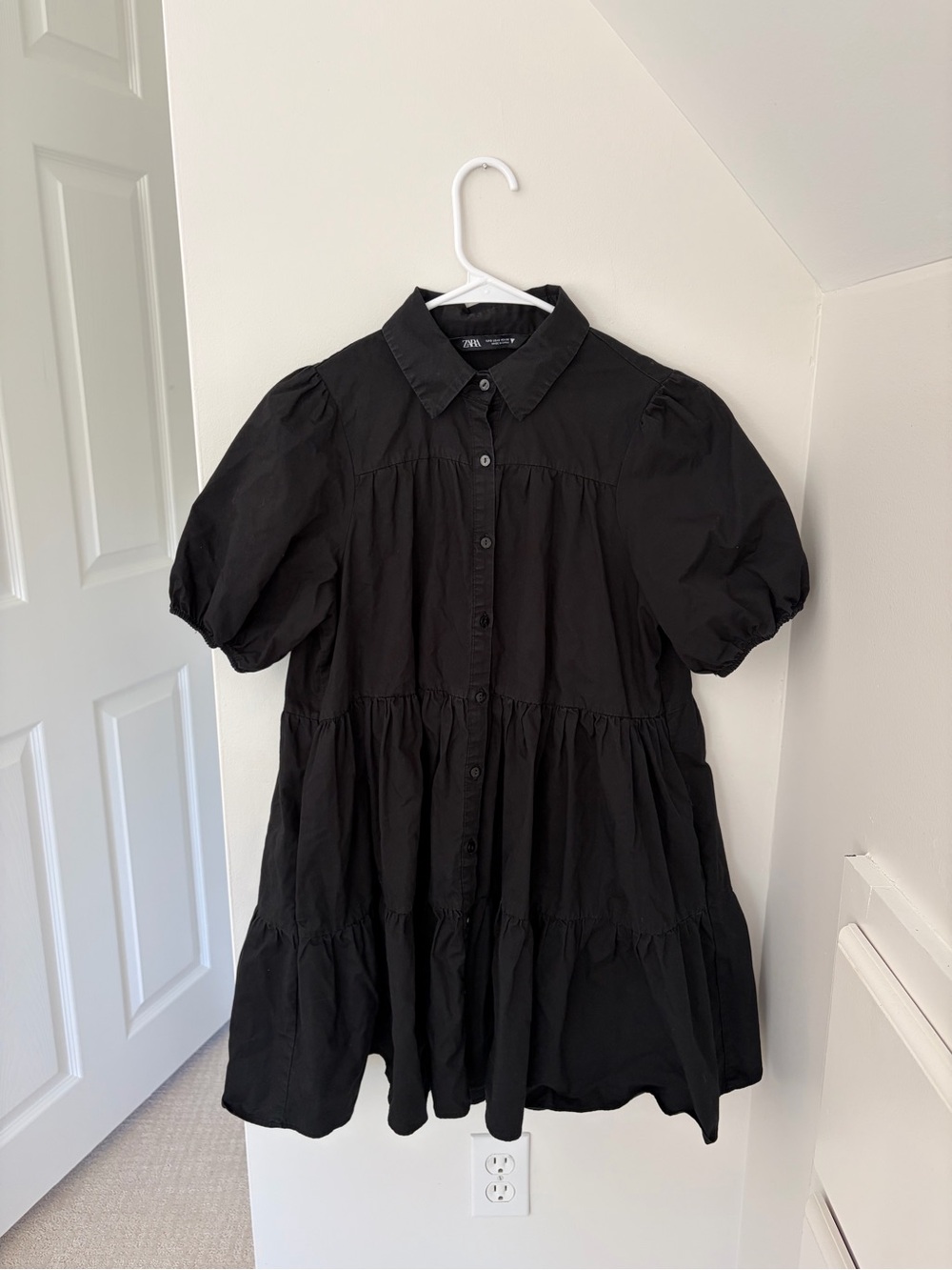 Zara Black Tiered Button-Down Puff Sleeve A-Line Dress Small